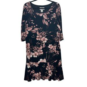 Floral Print Black & Pink Knee-Length Dress With 3/4 Sleeves By NorthStyle #D-6-